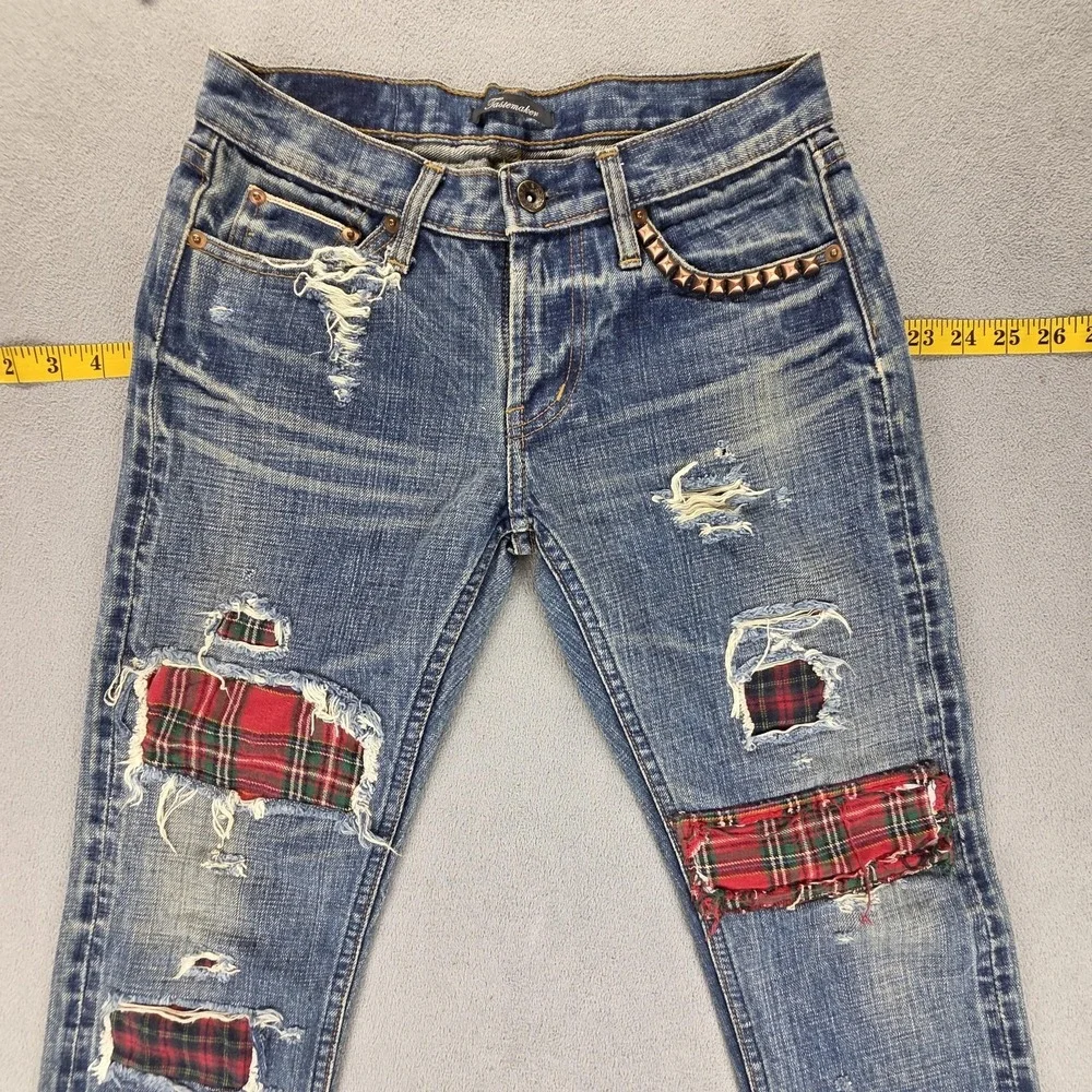 Selvedge Jeans Womens Blue Thrashed Patchwork Plaid Whiskers Studded‎ Fits 27x30